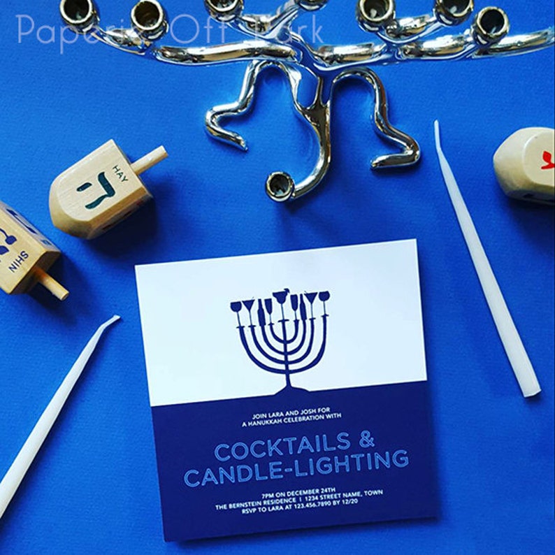 Hanukkah Party 6 Square Invitation with hand-drawn menorah Cocktails /& Candle-Lighting Printable and Personalized