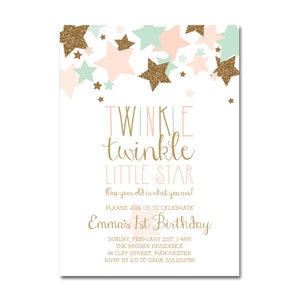 1st Birthday Party 5x7 Invitation - Twinkle Twinkle Little Star - Pink, Mint & Gold - Printable and Personalized