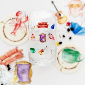 FRIENDS Can-shaped Glass - The One with the Drink - Mug, Drinkware, Glassware, Iced Coffee Tumbler, Beer Pint - watercolor illustrations