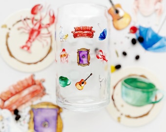FRIENDS Can-shaped Glass - The One with the Drink - Mug, Drinkware, Glassware, Iced Coffee Tumbler, Beer Pint - watercolor illustrations