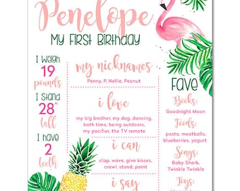 1st Birthday Stats Chart - First Year Milestone Sign - 16x20 - Let's Flamingle - Tropical, Pineapple, Luau - Printable and Personalized