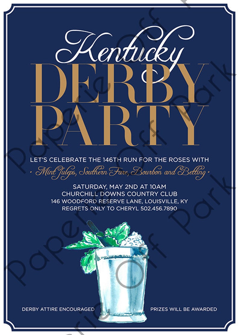 Kentucky Derby 5x7 Invitation avec Mint Julep peint à la main 148ème Run for the Roses Big Hats, Bow ties, Bourbon et Betting Imprimable image 2