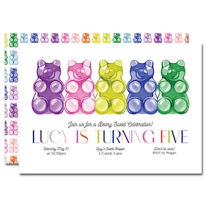 Invito festa di compleanno 5x7 con orsetti gommosi acquerellati - Beary Sweet - negozio di caramelle, celebrazione dolce, 2 dolci - stampabile, personalizzato