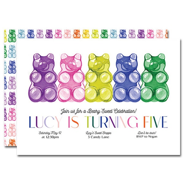 Birthday Party 5x7 Invitation with watercolor gummy bears - Beary Sweet - candy shoppe, sweet celebration, 2 sweet - Printable, Personalized