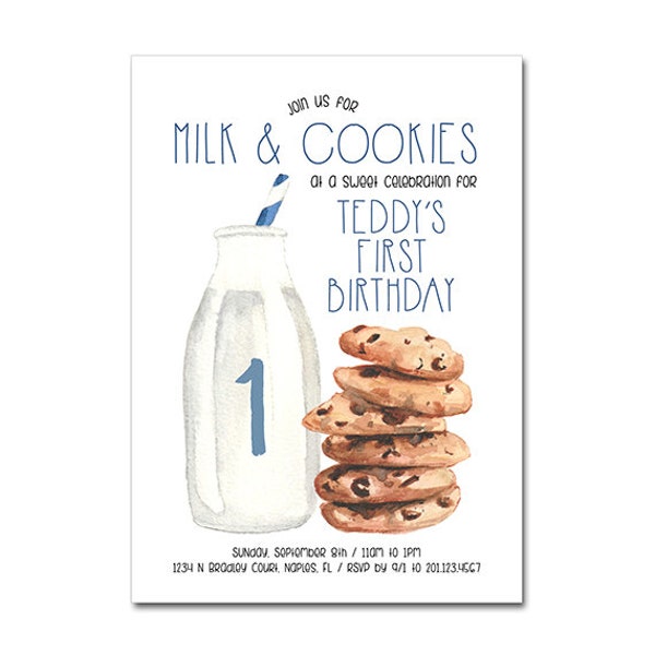 1st Birthday Party 5x7 Invitation - Milk and Cookies - Monster Trucks - One Tough Cookie - Watercolor - Printable and Personalized