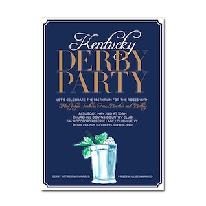 Kentucky Derby 5x7 Invitation avec Mint Julep peint à la main 148ème Run for the Roses Big Hats, Bow ties, Bourbon et Betting Imprimable image 1