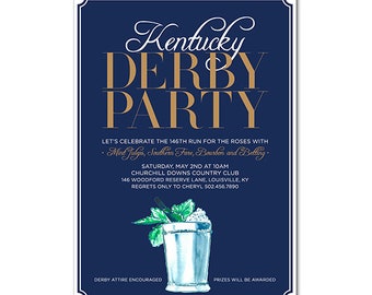 Kentucky Derby 5x7 Invitation with hand-painted Mint Julep - 148th Run for the Roses - Big Hats, Bow ties, Bourbon and Betting - Printable