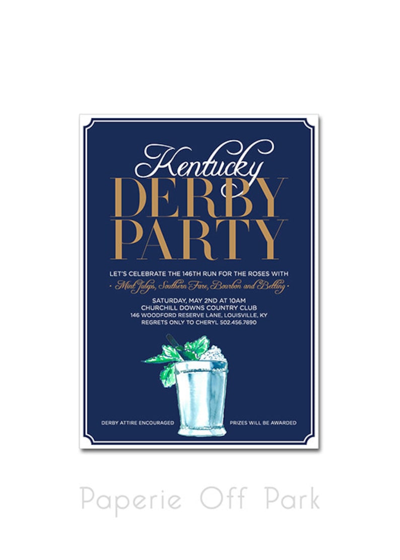 Kentucky Derby 5x7 Invitation with hand-painted Mint Julep - 148th Run for the Roses - Big Hats, Bow ties, Bourbon and Betting - Printable 