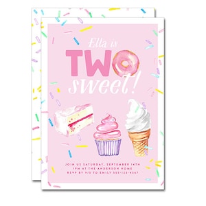 2nd Birthday Party 5x7 Invitation - Two Sweet - Donuts, Cupcakes, Ice Cream, Cake, Dessert, Sprinkle Party - Printable and Personalized