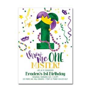 1st Birthday Party 5x7 Invitation - Throw me ONE mister - Mardi Gras, King Cake Party, Fat Tuesday Carnival - Printable and Personalized