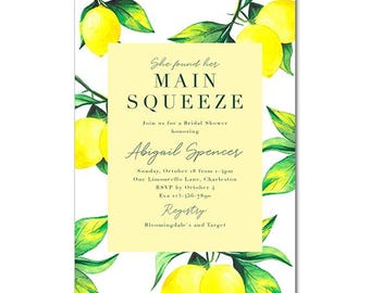 Bridal Shower 5x7 Invitation with watercolor lemons - Main Squeeze - Dolce Vita Italian, Citrus, Squeeze the Day, lemon theme, mediterranean