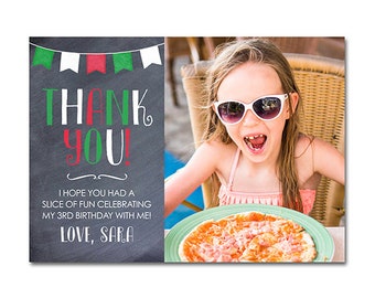 Birthday Thank You Card with Photo - A7 (5x7) - Italian Festival Pizza Party - Chalkboard and Pennant Banner - Printable and Personalized