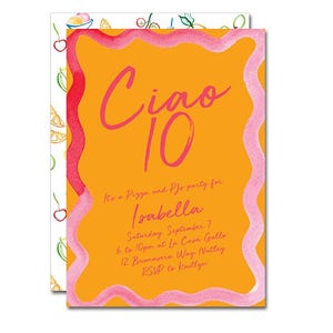 Convite para festa de aniversário 5x7 - Ciao 10 - Pizza e pijamas, cannoli, gelato, limoncello, azeitonas, garota italiana de verão - para impressão, personalizado