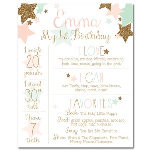 1st Birthday Stats Chart - First Year Milestone Sign - 16x20 - Twinkle Twinkle Little Star - Pink, Mint & Gold - Printable and Personalized