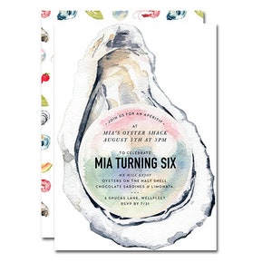 May include: A watercolor illustration of an oyster shell with a pink, blue, and green gradient. The text reads "Join us for an aperitif at Mia's Oyster Shack August 5th at 3pm to celebrate Mia turning six. We will enjoy oysters on the half shell, chocolate sardines & limonata. 6 Shucks Lane, Wellfleet RSVP by 7/31".