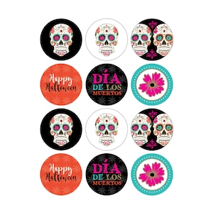 INSTANT DOWNLOAD - Printable Halloween Cupcake Toppers/Party Circles (6 designs) - 2&quot; - Day of the Dead/Día de los Muertos - Sugar Skulls