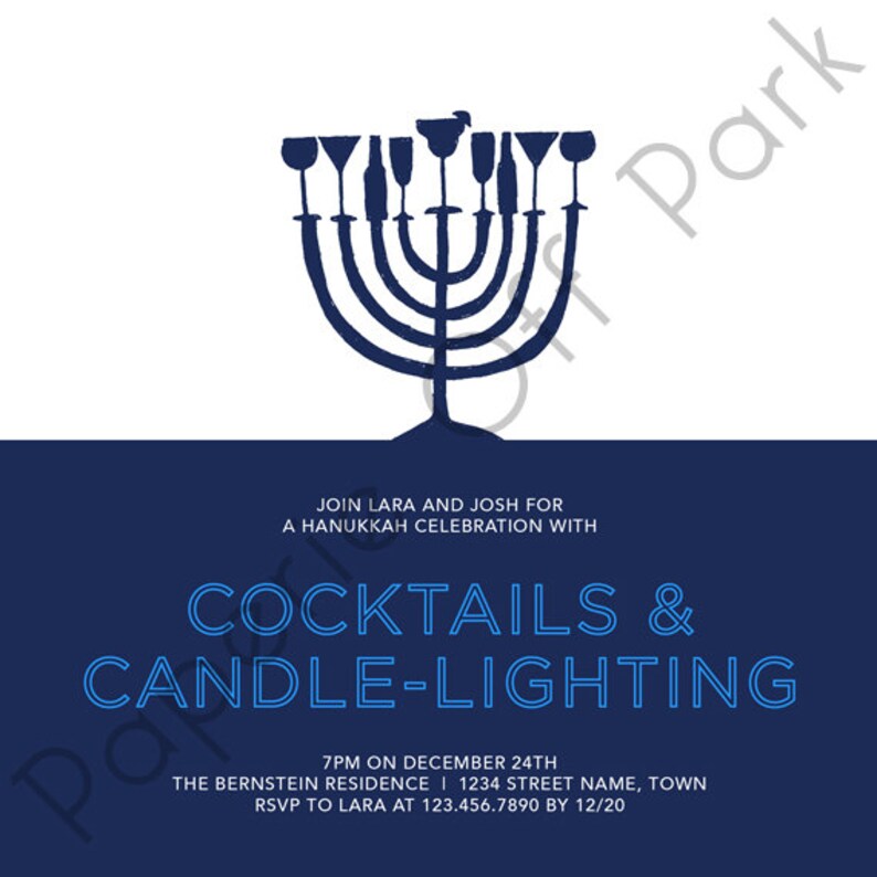 Hanukkah Party 6 Square Invitation with hand-drawn menorah Cocktails /& Candle-Lighting Printable and Personalized