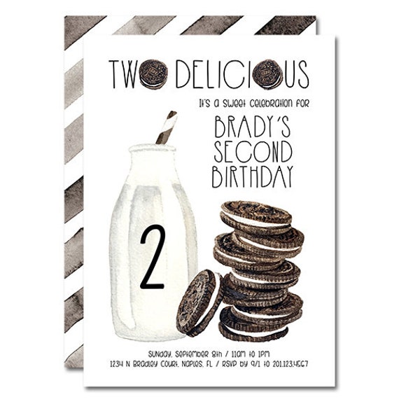 2nd Birthday Party 5x7 Invitation - Two Delicious - Oreos and Milk, Oreos Party, Milk and Cookies, Two Sweet - Printable and Personalized