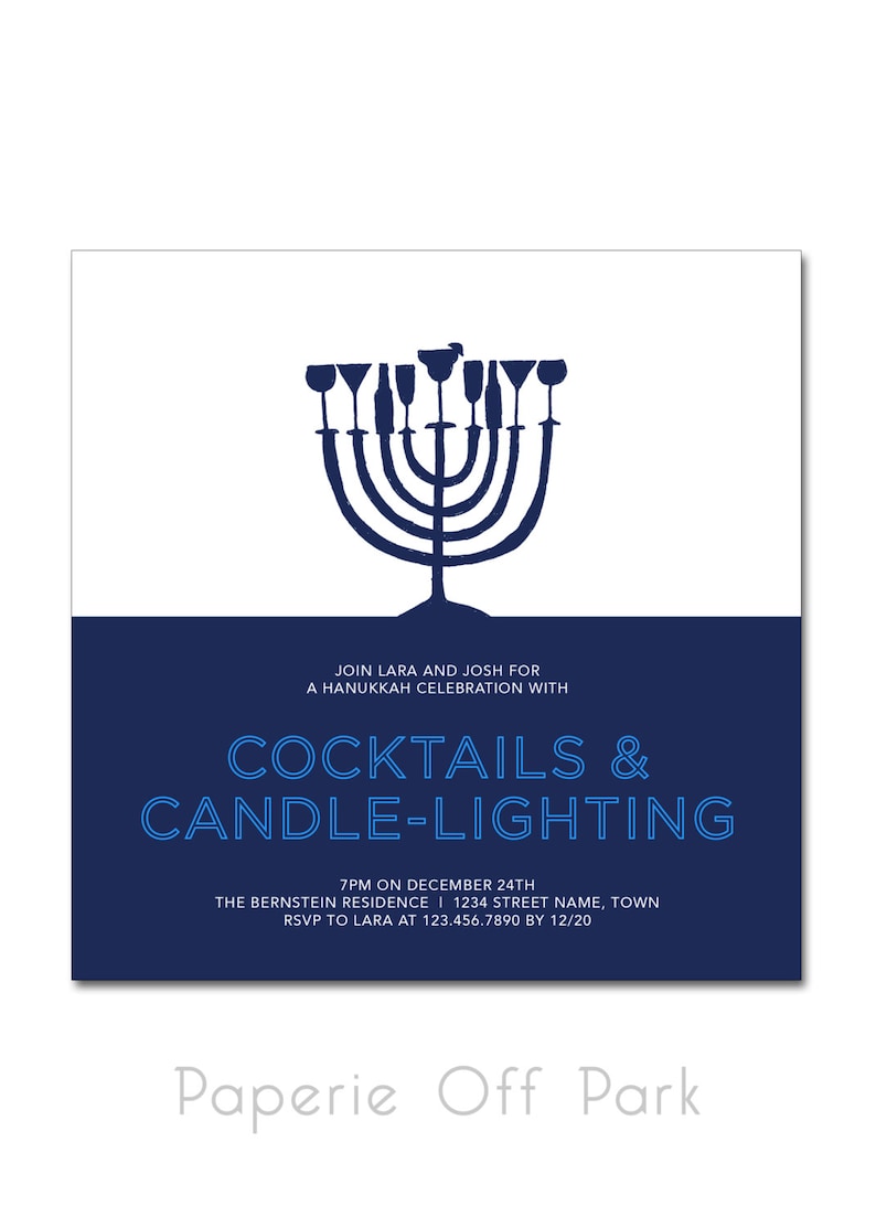 Hanukkah Party 6 Square Invitation with hand-drawn menorah Cocktails /& Candle-Lighting Printable and Personalized