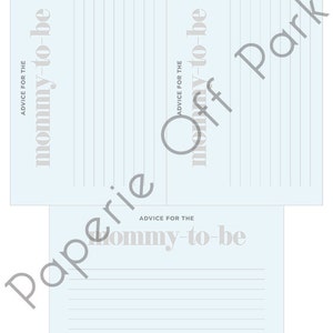 May include: A printable baby shower game card with the text "Advice for the mommy-to-be" printed on a light blue background.