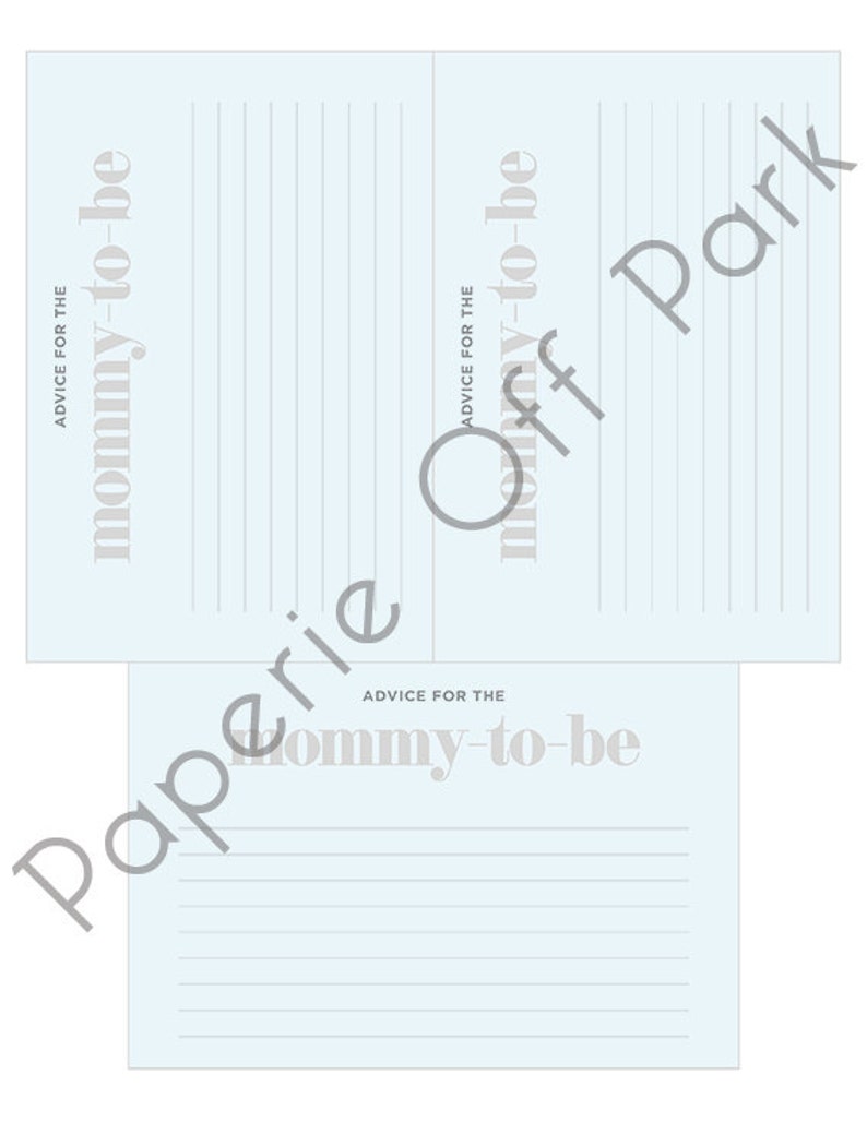 May include: A printable baby shower game card with the text "Advice for the mommy-to-be" printed on a light blue background.