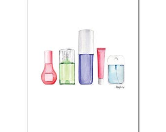 Beauty Art Print - Cosmetics, Makeup, Skincare, Perfume, Powder Room, Girls Room decor, Vanity, Wall Art, Gallery Wall - 8x10 - Watercolor
