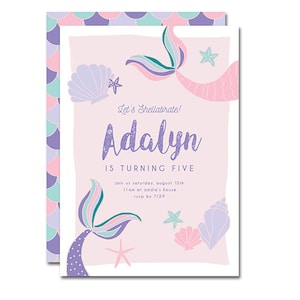 May include: A mermaid-themed invitation with the text "Let's Shellabrate! Adalyn is turning five." The invitation features mermaid tails, seashells, and starfish in shades of pink, purple, and teal. The back of the invitation has a repeating pattern of mermaid scales.