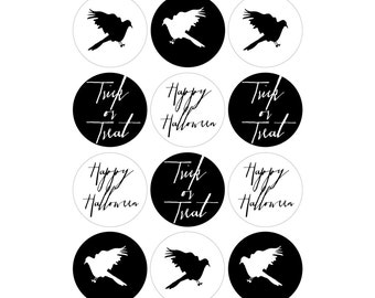 INSTANT DOWNLOAD - Printable Cupcake Toppers/Party Circles (4 designs) - 2" - Halloween Party - hand-painted ravens - Costumes & Cocktails