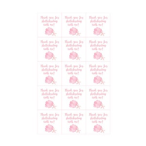 May include: A sheet of square stickers with a pink seashell illustration and the text "Thank you for shellabrating with me!". The stickers are arranged in a grid pattern on a white background. The text "Paperie Off Park" is at the bottom.