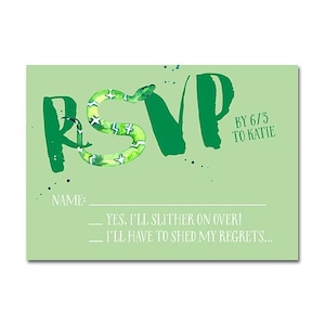 Cartão RSVP para festa de aniversário de répteis - Leap Crawl Slither - Tema de festa infantil de floresta tropical, lagarto, cobra e camaleão, convite para festa de répteis
