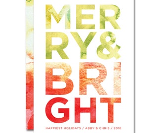 Christmas/Holiday Card - 5x7 - Merry and Bright - Watercolors - Printable and Personalized