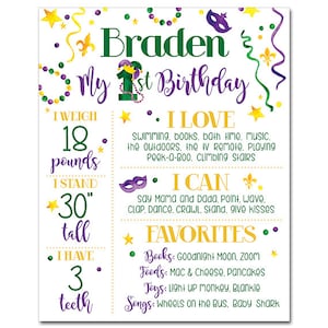 May include: A colorful first birthday milestone poster with a Mardi Gras theme. The poster features the name Braden, the number 1, and details about the child's first year, including weight, height, and favorite activities. The poster is decorated with purple, green, and gold beads, stars, and fleur-de-lis.