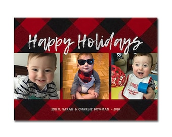 Holiday Card with Photos - 5x7 - Happy Holidays - Red and Black Buffalo Plaid with Silver Foil - Printable and Personalized