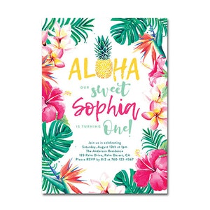 1st Birthday Party 5x7 Invitation - Aloha - Tropical Hawaiian Luau Party - Printable and Personalized