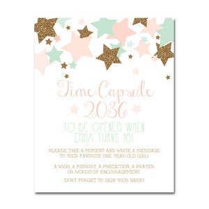 1st Birthday Time Capsule Sign and Cards (2 designs) - Twinkle Twinkle Little Star - Pink, Mint & Gold - Printable and Personalized