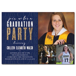 May include: A blue and gold graduation party invitation with a photo collage of the graduate in different settings. The text reads "Join us for a Graduation Party honoring Colleen Elizabeth Walsh... Saturday, July 2nd at 2pm The Walsh Residence 8 Acres Drive, Erie, Pennsylvania Please RSVP by June 24th at 514.444.5678"