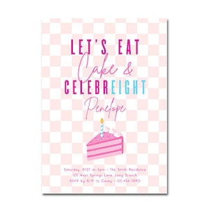 Checkerboard Birthday Party 5x7 Invitation - Let's Eat Cake and CelebrEIGHT - checkered, press for cake, check it, skater