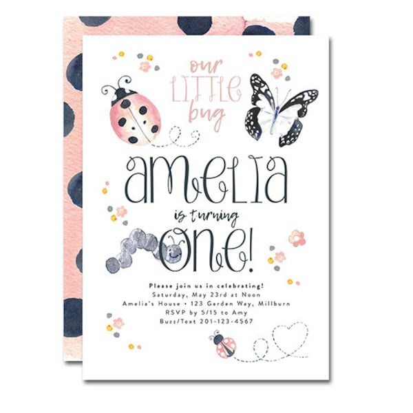 1st Birthday Party 5x7 Invitation - Little bug is one - Ladybug, Butterfly, Caterpillar, Flowers Garden Party - Printable and Personalized