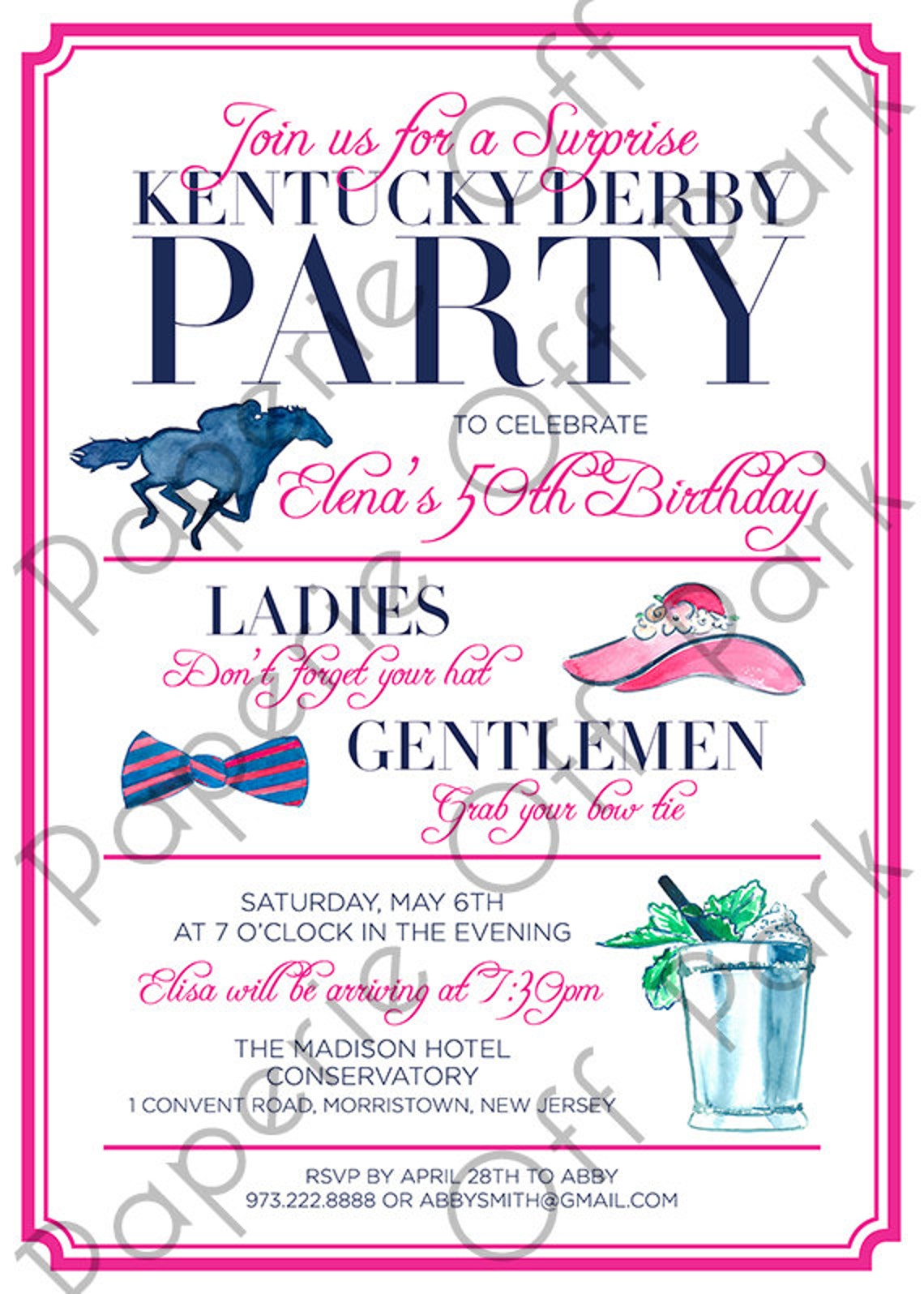 Kentucky Derby Birthday Party 5x7 Invitation Handpainted Etsy