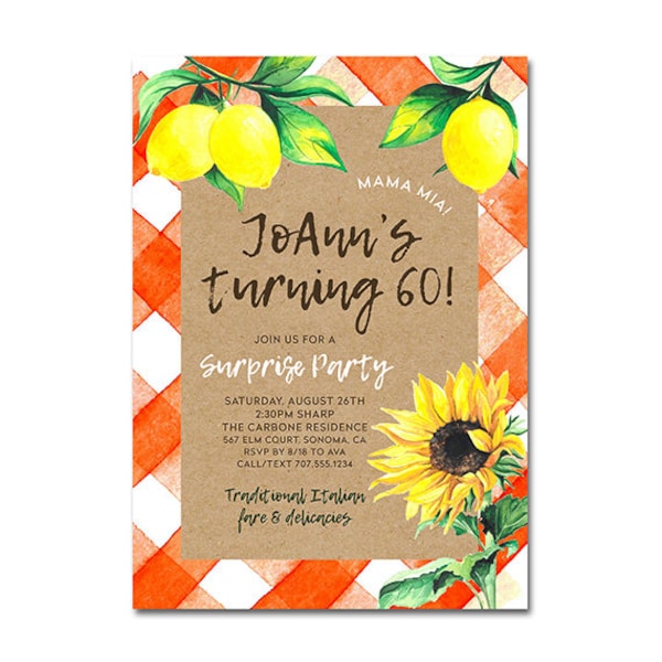 Country Gingham 5x7 Invitation - Sunflower and Lemons - Birthday Party - Printable and Personalized