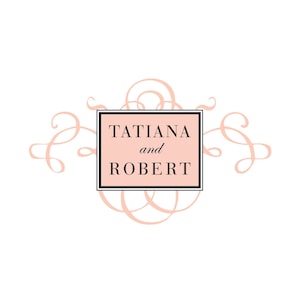 May include: A pink and white wedding invitation with a decorative swirl design and the text "TATIANA and ROBERT" in a black box. The text "Paperie Off Park" is at the bottom of the invitation.