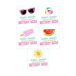 Puede incluir: Cinco etiquetas de agradecimiento coloridas con el texto "Splish Splash ¡Gracias por venir a mi fiesta de cumpleaños!" Cada etiqueta presenta una imagen diferente con temática de verano: gafas de sol, pelota de playa, paleta de hielo, sandía y un sol.
