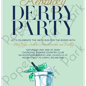 Kentucky Derby 5x7 Invitation avec Mint Julep peint à la main 148ème Run for the Roses Big Hats, Bow ties, Bourbon et Betting Imprimable image 3