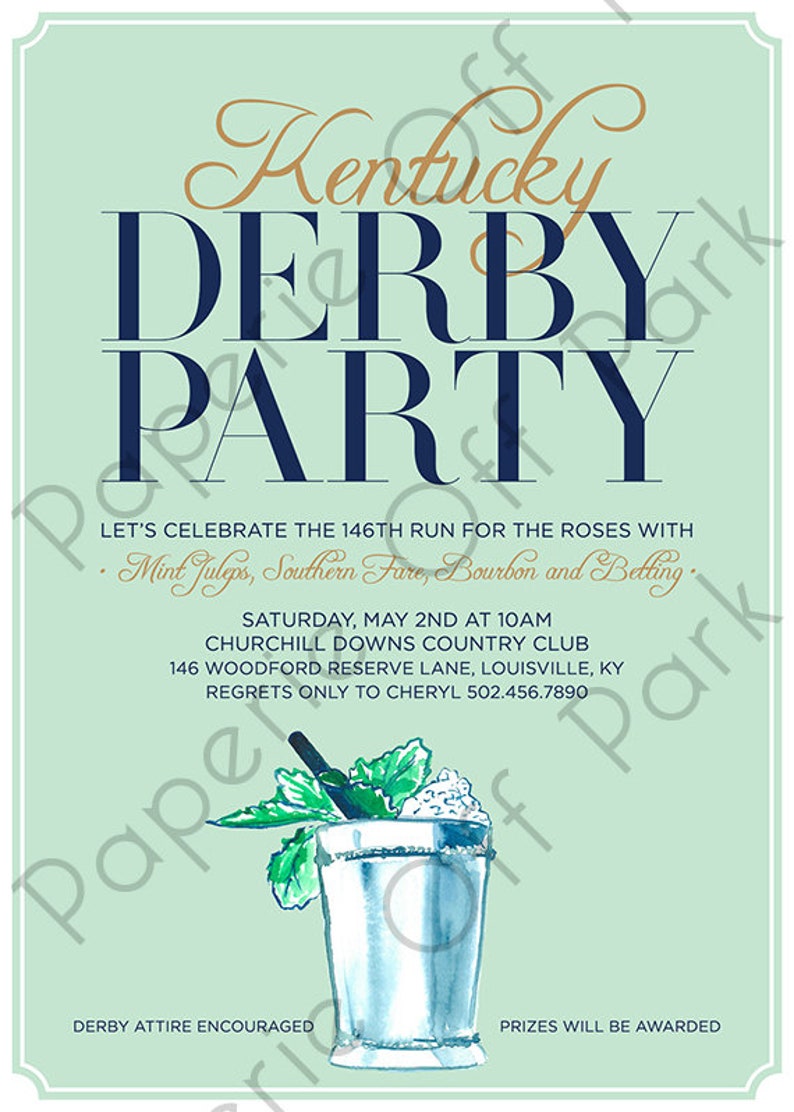 Kentucky Derby 5x7 Invitation avec Mint Julep peint à la main 148ème Run for the Roses Big Hats, Bow ties, Bourbon et Betting Imprimable image 3