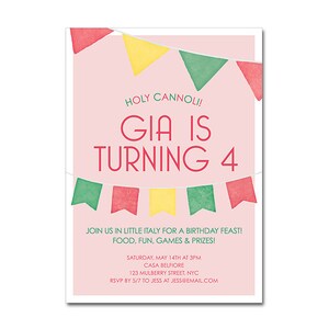 4th Birthday Party 5x7 Invitation - Holy Cannoli - Little Italy - Italian Feast - Red and Green Pennant Banner - Printable and Personalized