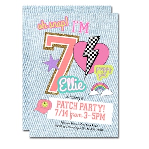 Invitación de cumpleaños de 5x7 - Patch Party - Preppy Patch, Oh Snap, Preppy Girl, gorra de camionero, mezclilla, universitaria - Imprimible, personalizada