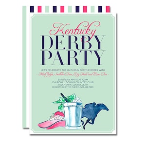 Kentucky Derby Party 5x7 Invitation with Mint Julep, Big Hat and Horse Jockey - 148th Run for the Roses - Printable and Personalized