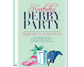 May include: A mint green invitation with a white border and a pink and blue striped border. The invitation reads "Kentucky Derby Party" in navy blue and pink lettering. The text below reads "Let's celebrate the 144th run for the roses with Mint Juleps, Southern Fare, Big Hats and Bow Ties." The invitation also includes a drawing of a mint julep, a pink hat, and a horse.