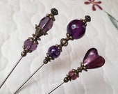 Hat Pins, 3 Antique, Victorian, Vintage Inspired Purple Dyed Agate Gemstone Crystal Beads, Bronze, Strong Sharp. Beautiful To Collect
