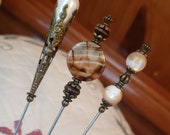 Victorian Antique Inspired Hat Pins Vintage Beads, Mother Of Pearl, Brown Gemstone Beads, Strong And Sharp. Beautiful To Collect Use